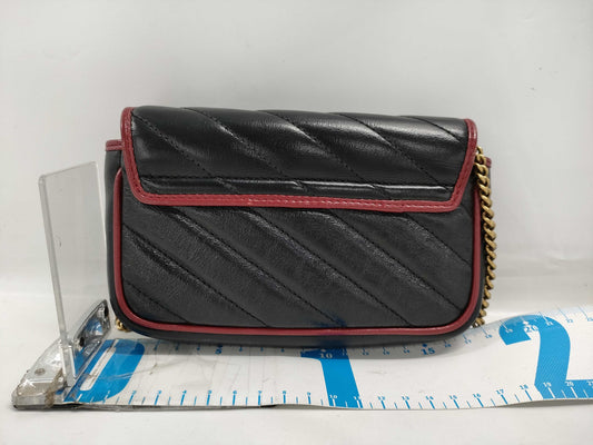 GUCCI Super Mini GG Marmont Matelasse Leather Shoulder Bag in Black, Red, and Gold Hardware with Chain Shoulder Strap 