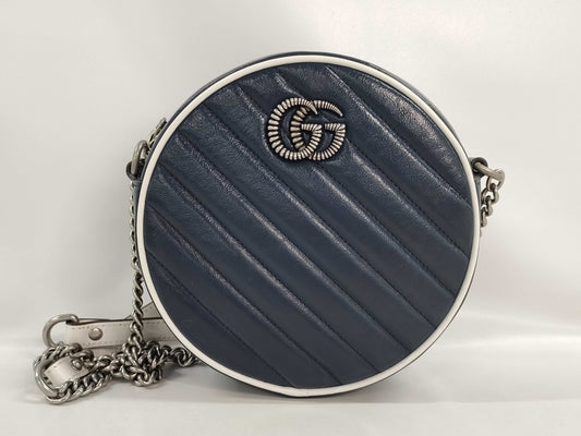 GUCCI GG Marmont Round Shoulder Bag in Navy and White Leather 