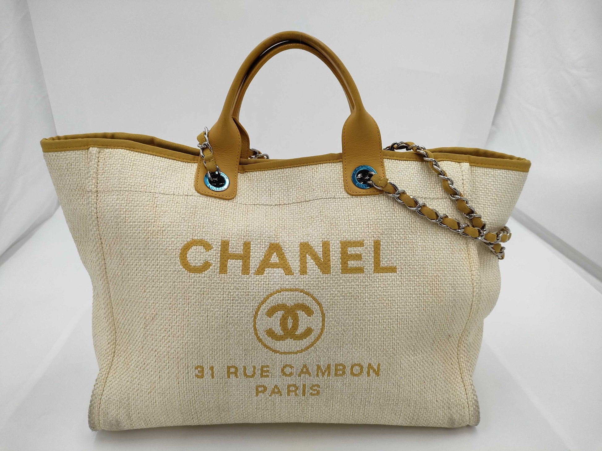 CHANEL Deauville GM Straw Chain Tote Bag, Yellow, 22nd Series