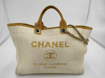 CHANEL Deauville GM Straw Chain Tote Bag, Yellow, 22nd Series