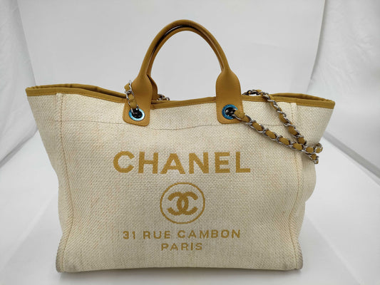 CHANEL Deauville GM Straw Chain Tote Bag, Yellow, 22nd Series