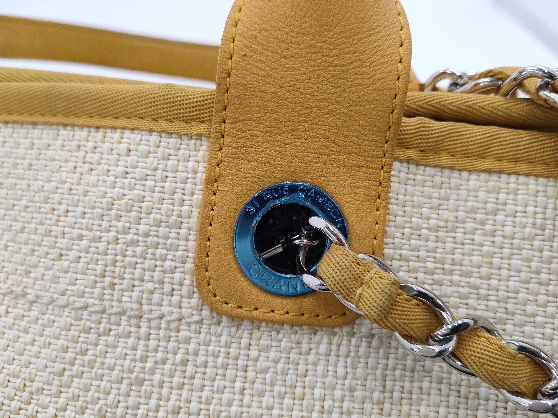 CHANEL Deauville GM Straw Chain Tote Bag, Yellow, 22nd Series