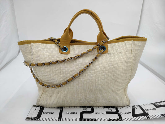 CHANEL Deauville GM Straw Chain Tote Bag, Yellow, 22nd Series