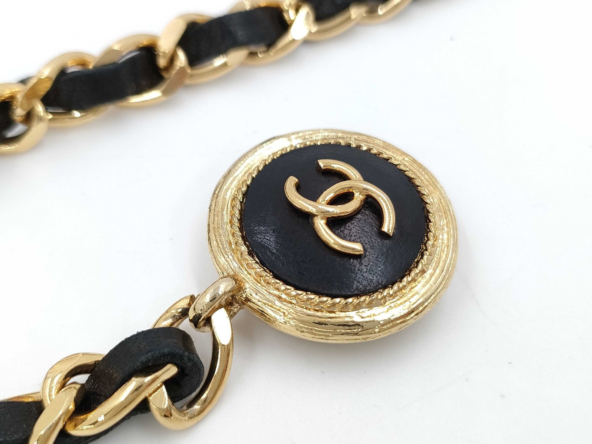 CHANEL Engraved Coco Mark Clover Leather Chain Belt
