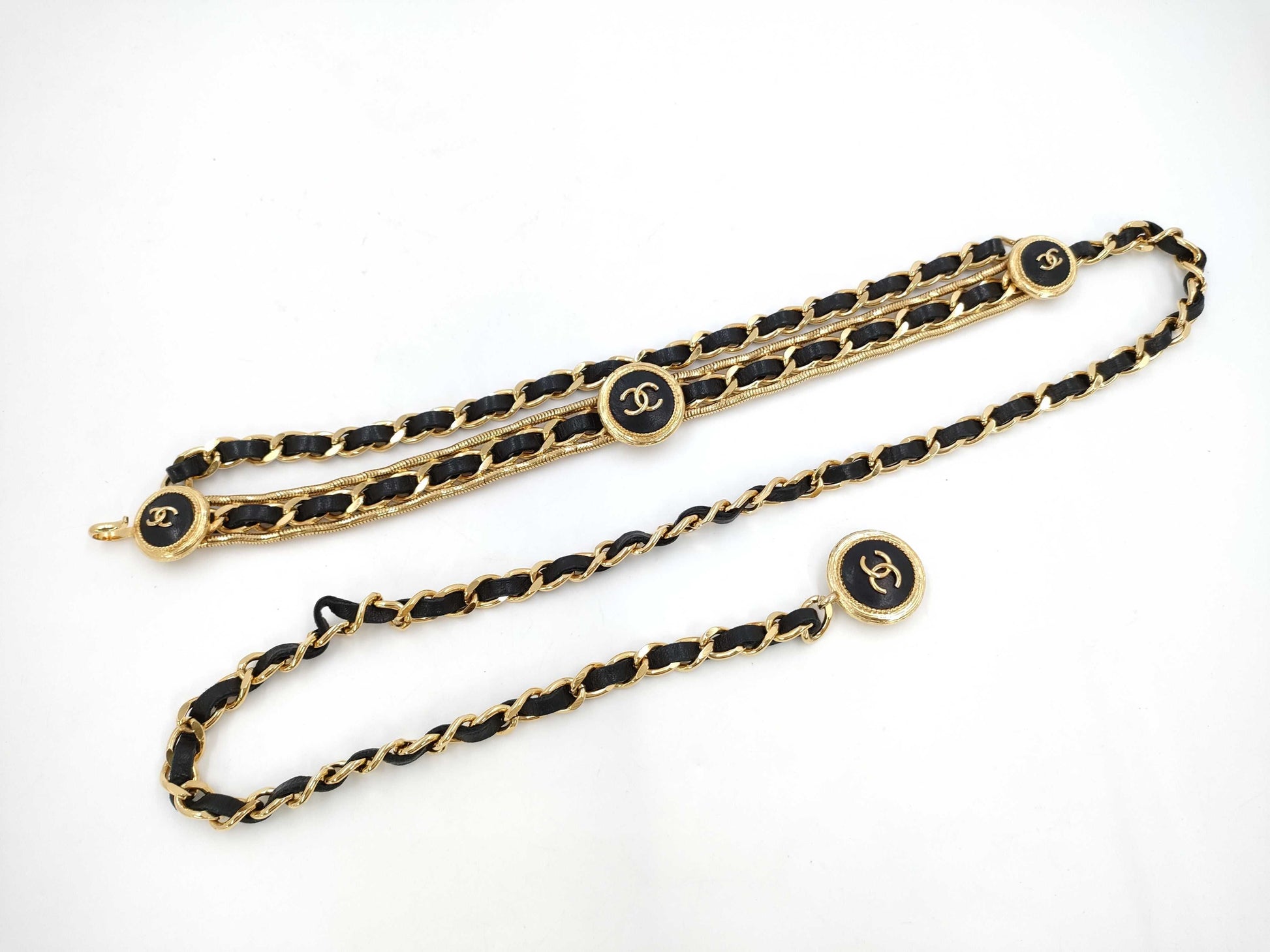 CHANEL Engraved Coco Mark Clover Leather Chain Belt