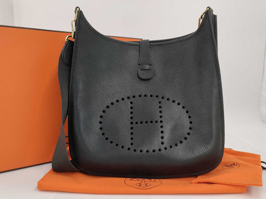 HERMES Evelyn Black Engraved Gold Hardware Shoulder Bag