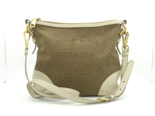PRADA Jacquard Logo Canvas and Leather Shoulder Bag