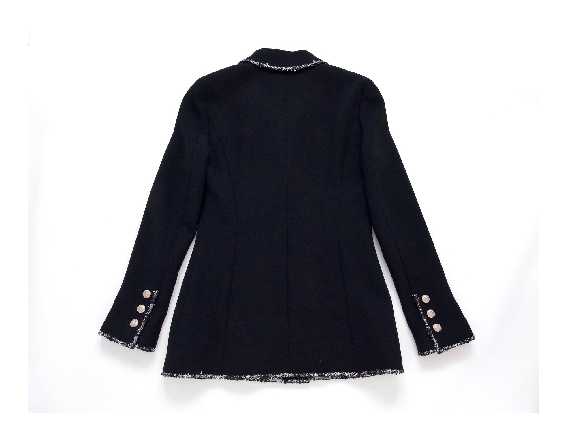 CHANEL 05C Trimmed Double Tweed Jacket, Size 36, Black, Anne Hathaway Jacket