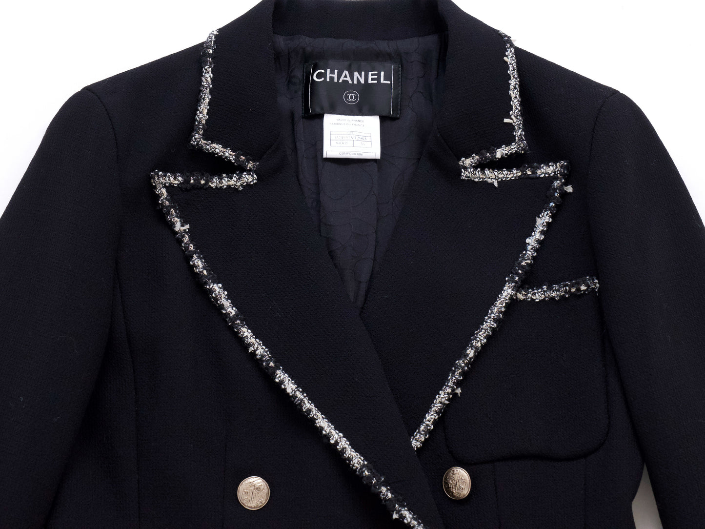 CHANEL 05C Trimmed Double Tweed Jacket, Size 36, Black, Anne Hathaway Jacket