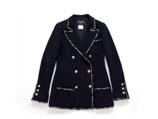 CHANEL 05C Trimmed Double Tweed Jacket, Size 36, Black, Anne Hathaway Jacket