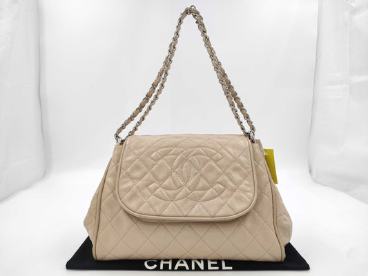 CHANEL Matelasse Caviar Leather Chain Coco Mark Beige Shoulder Bag