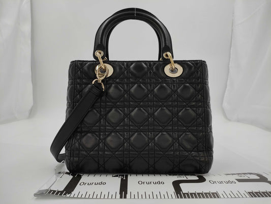 Dior Christian Dior Lady Dior Cannage Gold Hardware 2-Way Handbag/Shoulder Bag Black
