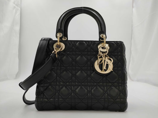 Dior Christian Dior Lady Dior Cannage Gold Hardware 2-Way Handbag/Shoulder Bag Black