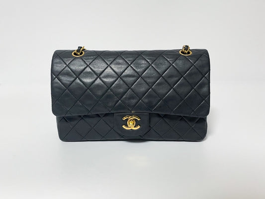 CHANEL Double Flap Matelasse Black Lambskin Shoulder Bag with Seal