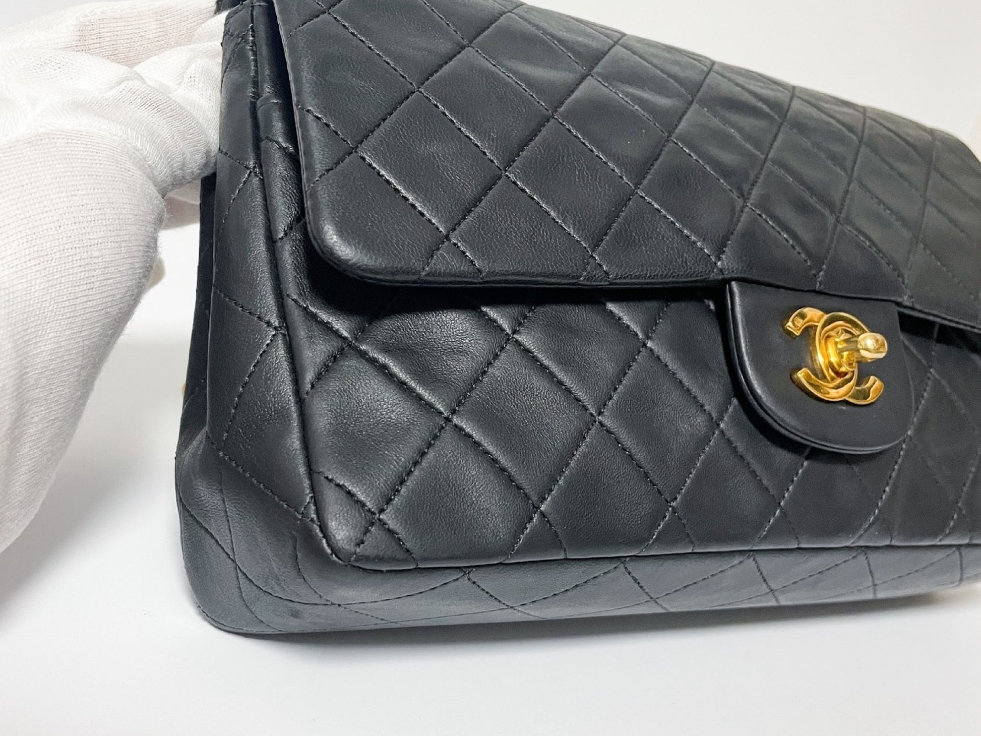 CHANEL Double Flap Matelasse Black Lambskin Shoulder Bag with Seal