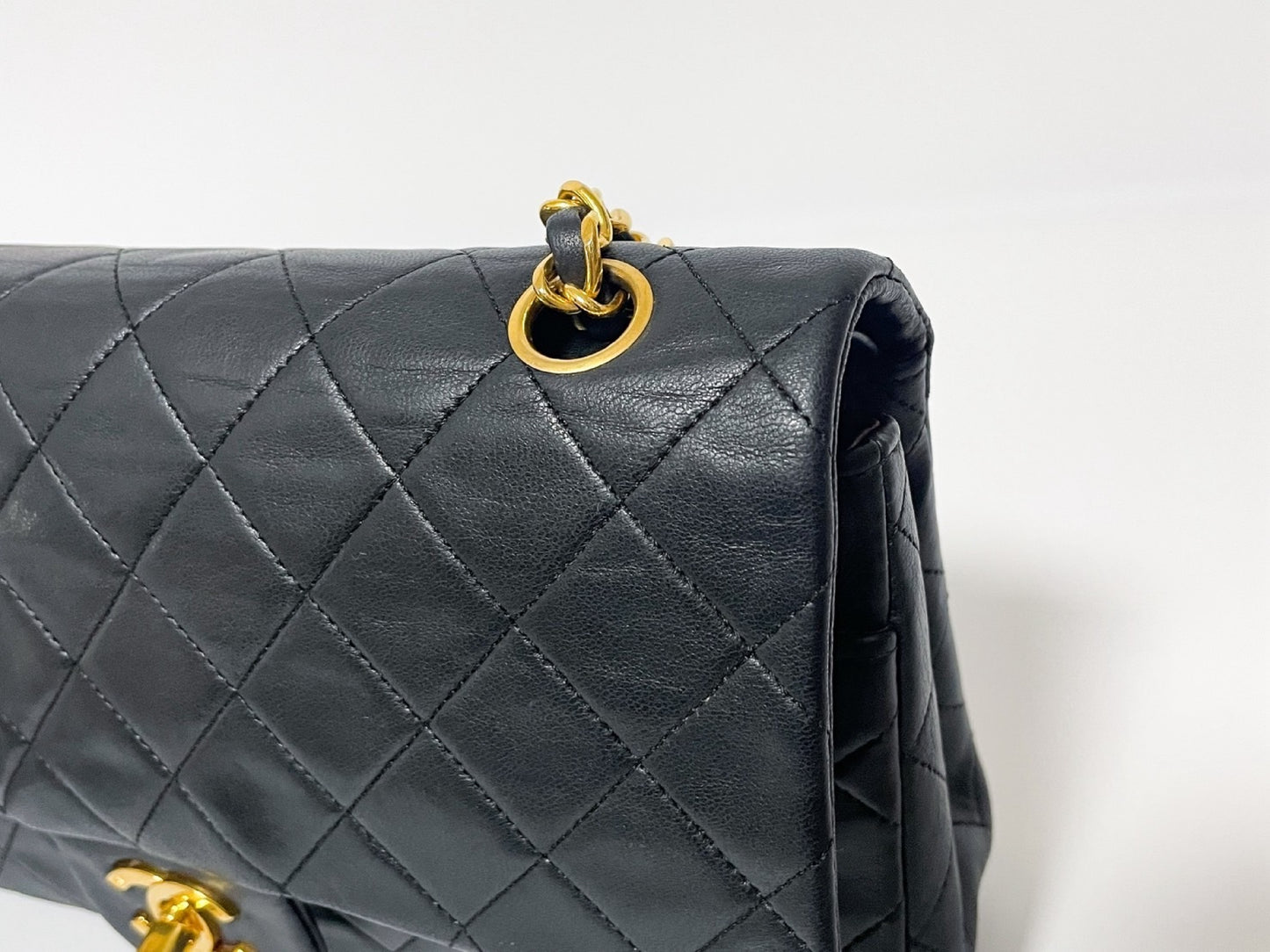 CHANEL Double Flap Matelasse Black Lambskin Shoulder Bag with Seal