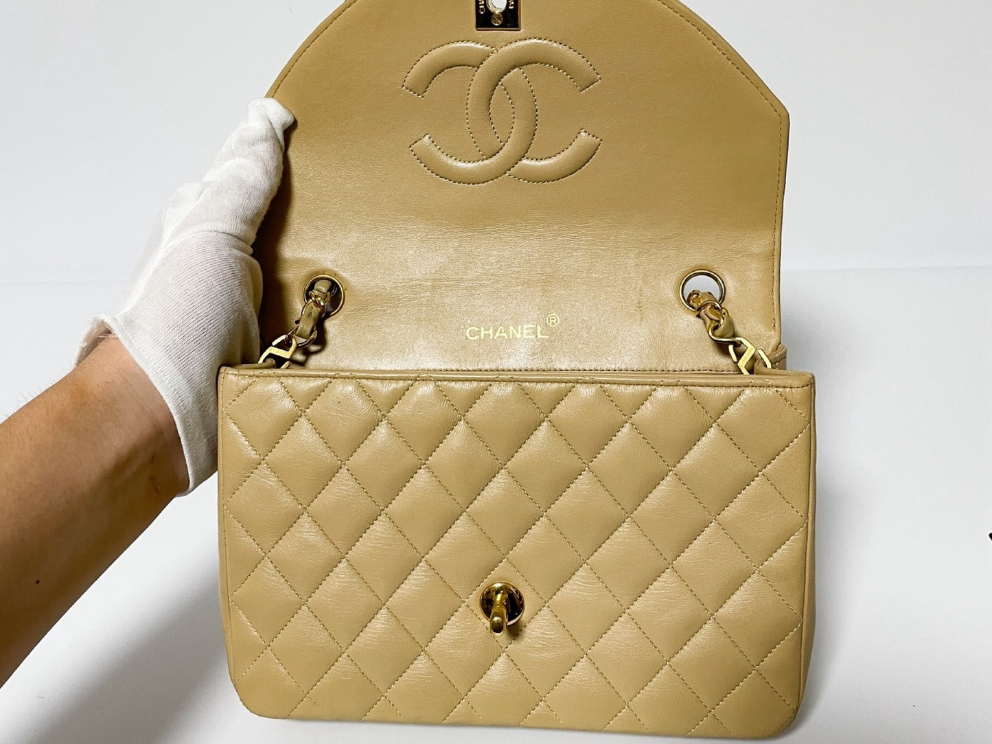 CHANEL Half Moon Matelasse Lambskin Beige Shoulder Bag with Seal