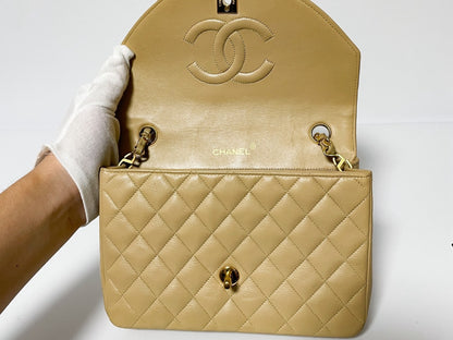 CHANEL Half Moon Matelasse Lambskin Beige Shoulder Bag with Seal