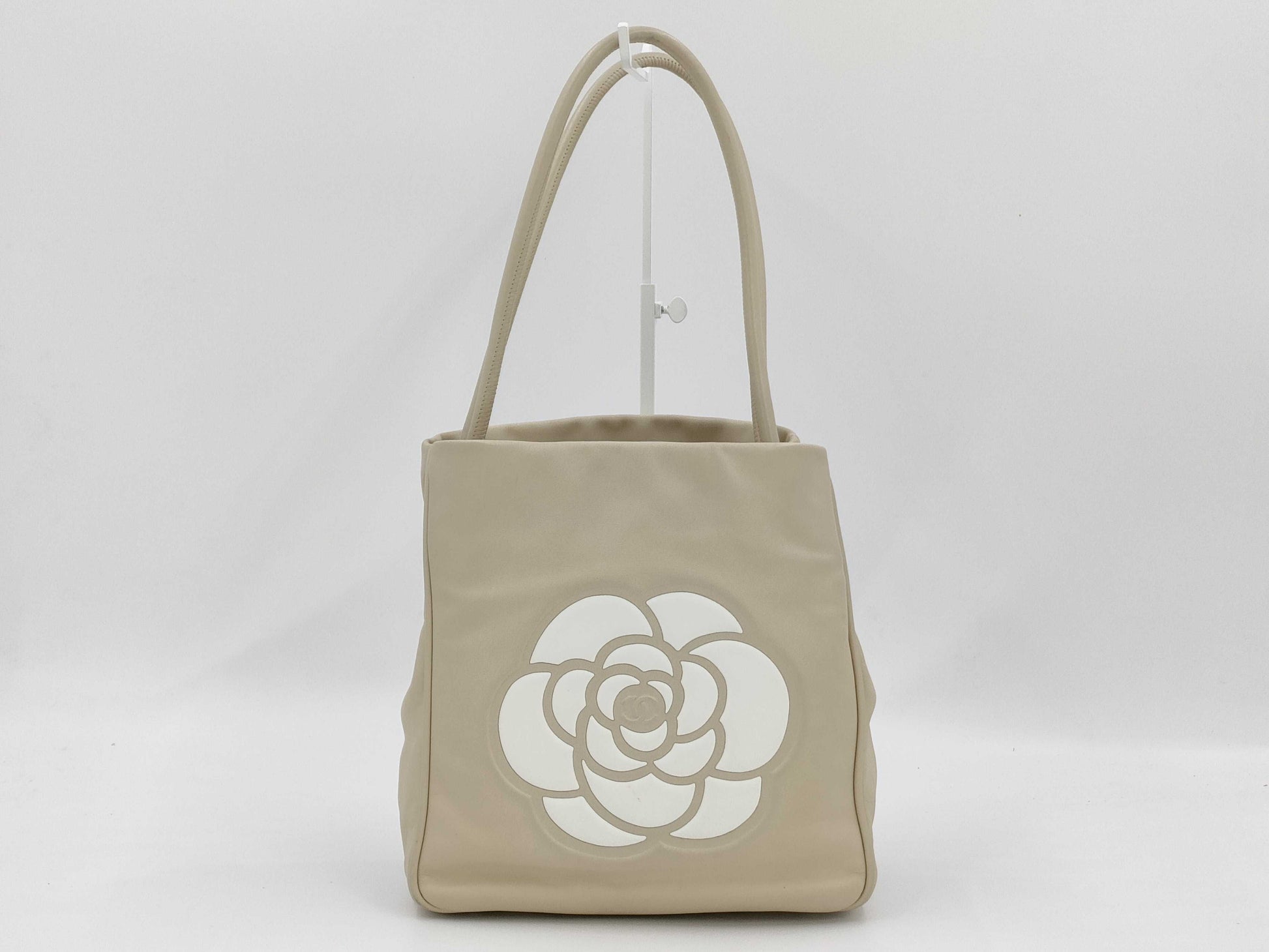 CHANEL Camellia Lambskin Tote Bag in White with CHANEL Logo Sticker