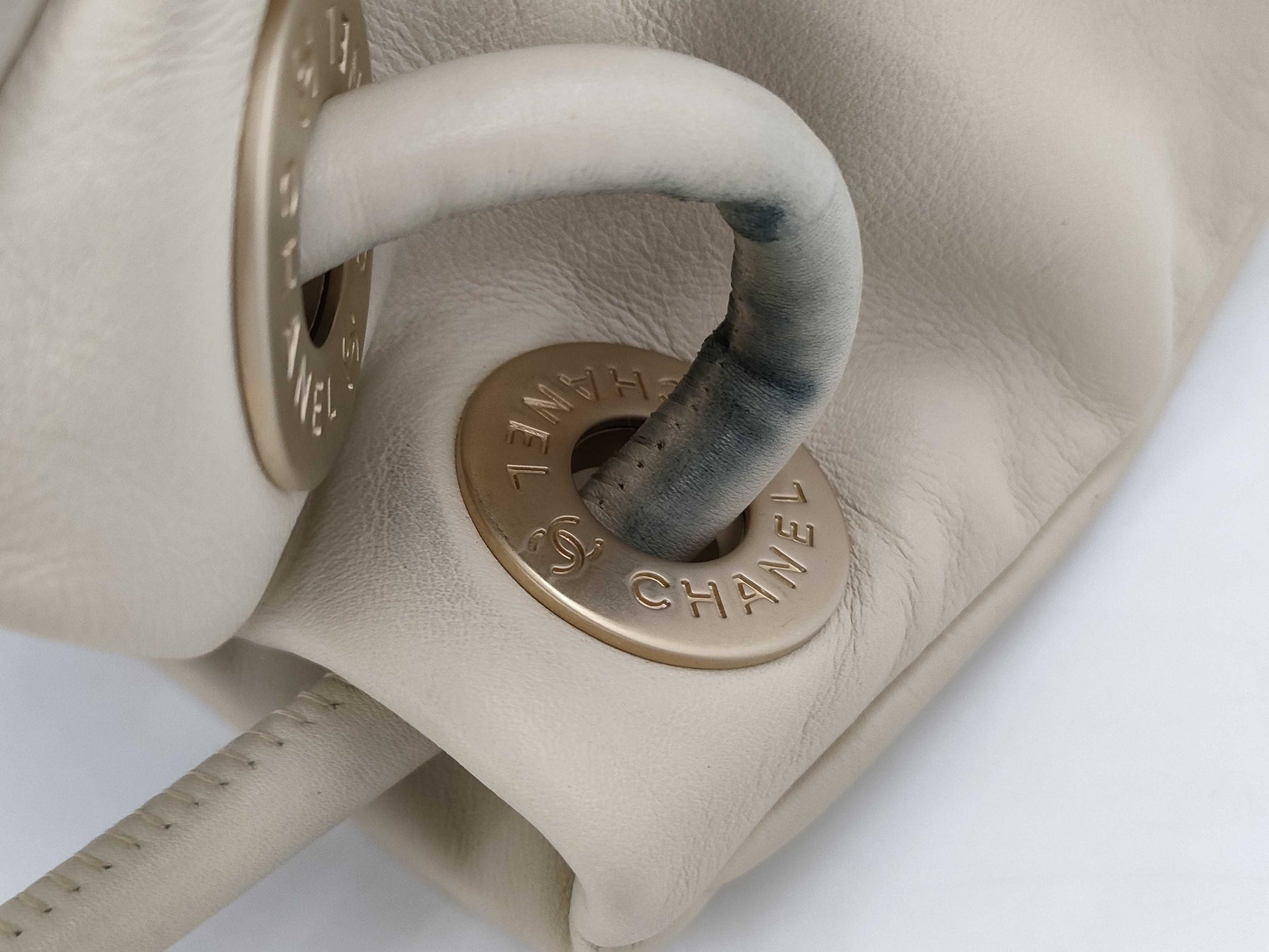 CHANEL Camellia Lambskin Tote Bag in White with CHANEL Logo Sticker