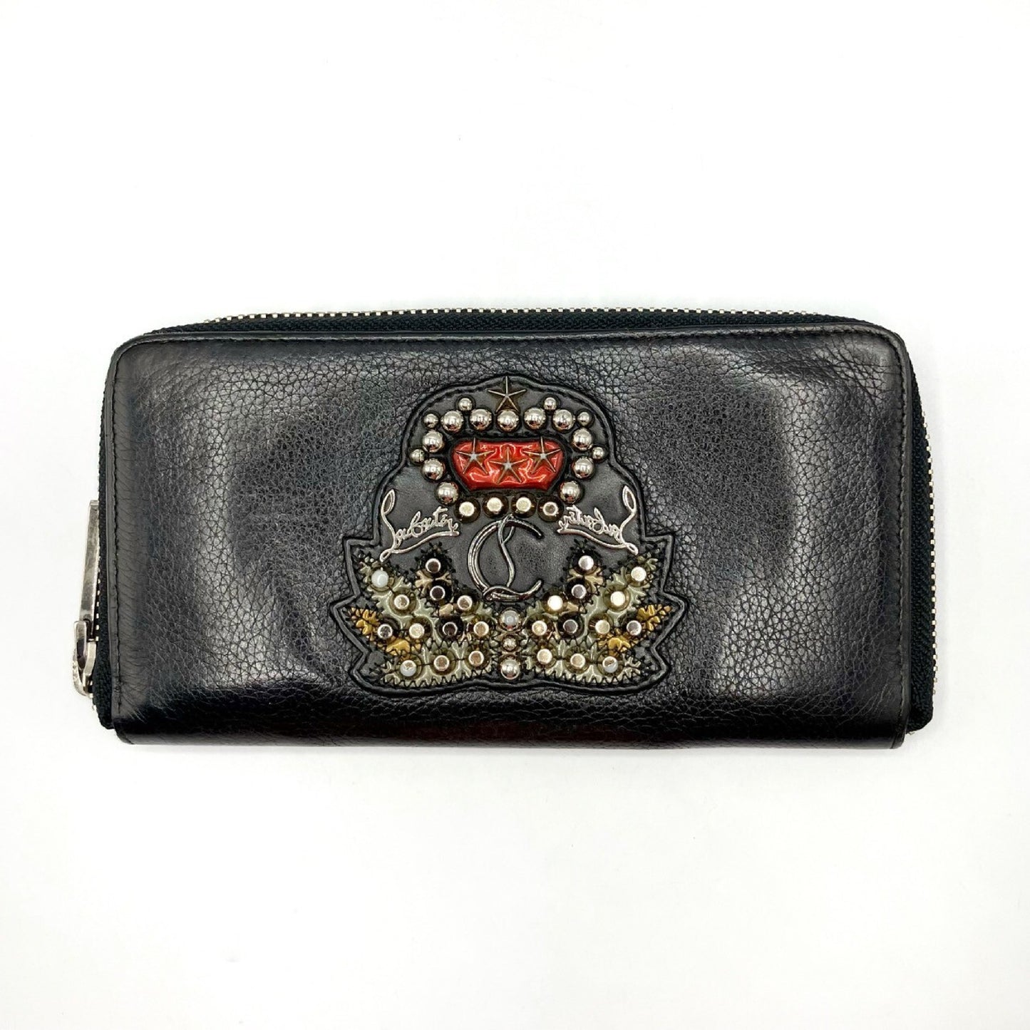 Christian Louboutin Studded Leather Round Zip Long Wallet in Black
