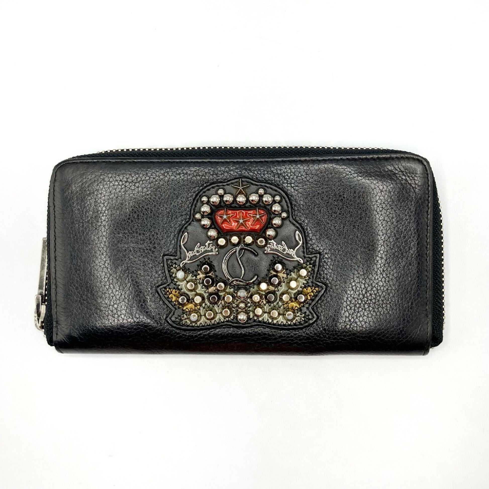 Christian Louboutin Studded Leather Round Zip Long Wallet in Black