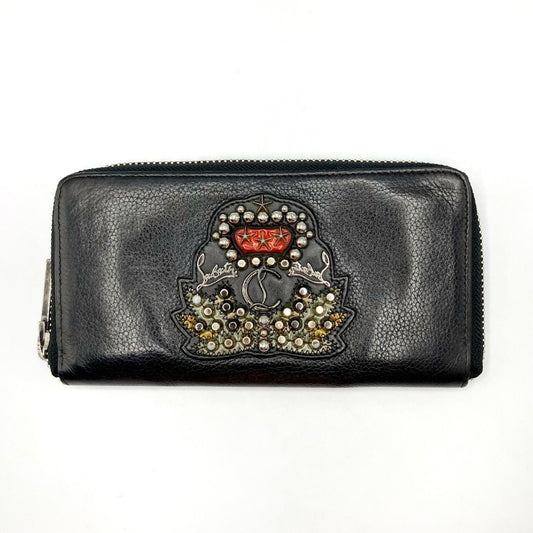 Christian Louboutin Studded Leather Round Zip Long Wallet in Black