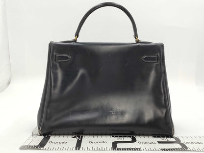 HERMES Kelly 32 Box Calf Navy Cadena Crochet Handbag with Engraved T