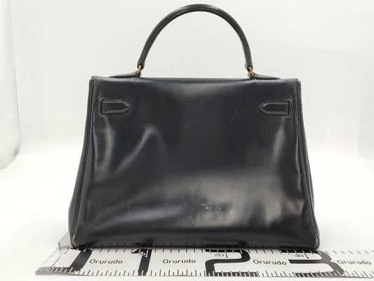 HERMES Kelly 32 Box Calf Navy Cadena Crochet Handbag with Engraved T