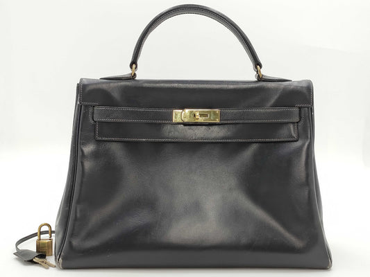 HERMES Kelly 32 Box Calf Navy Cadena Crochet Handbag with Engraved T