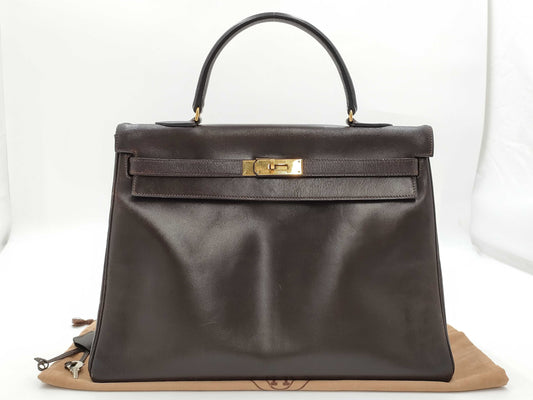 HERMES Kelly 35 Handbag, Inner Stitched Box Calf Leather, Brown, H Stamp