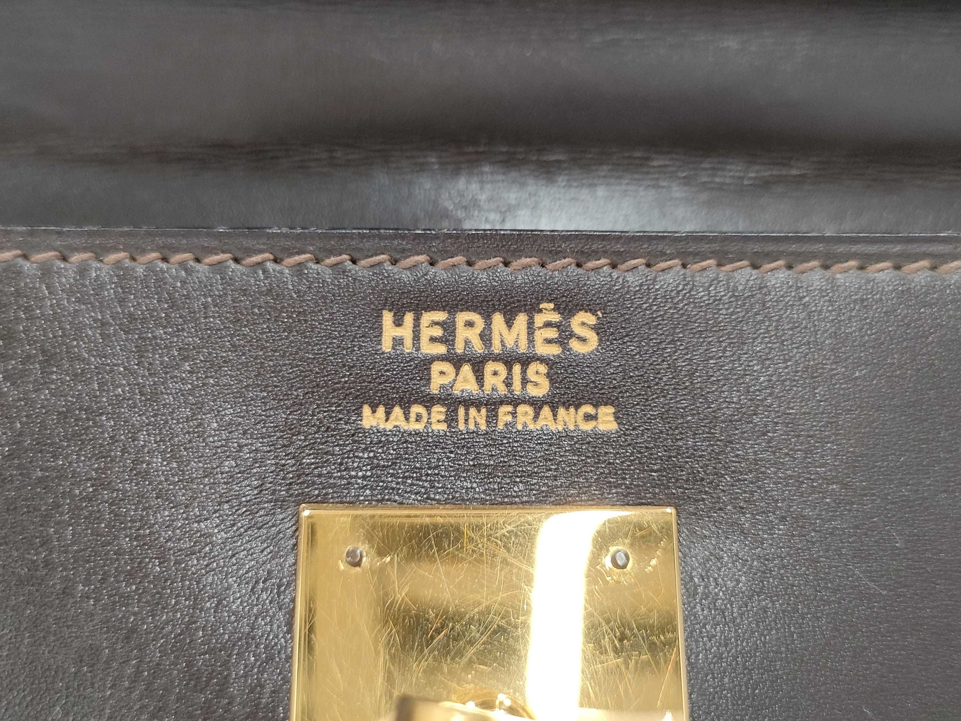 HERMES Kelly 35 Handbag, Inner Stitched Box Calf Leather, Brown, H Stamp