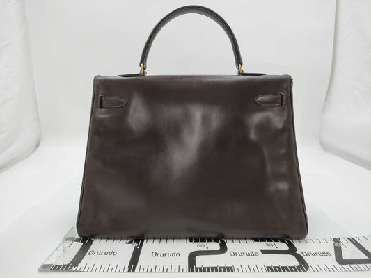 HERMES Kelly 35 Handbag, Inner Stitched Box Calf Leather, Brown, H Stamp