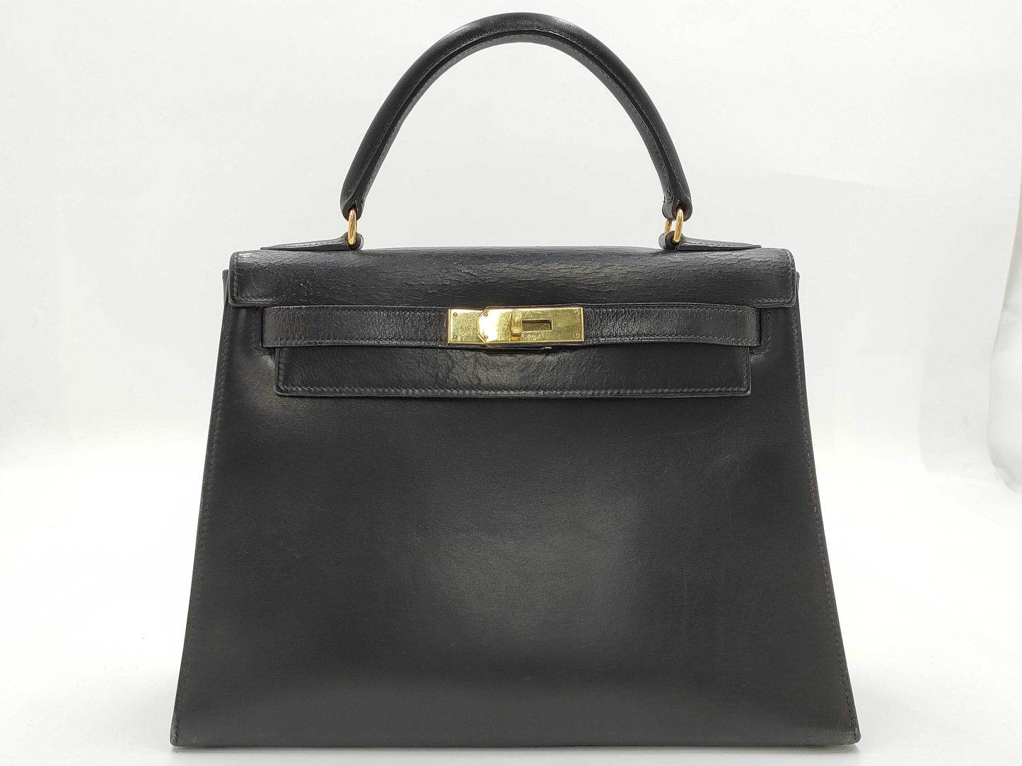 HERMES Kelly 28 Box Calf Black Handbag
