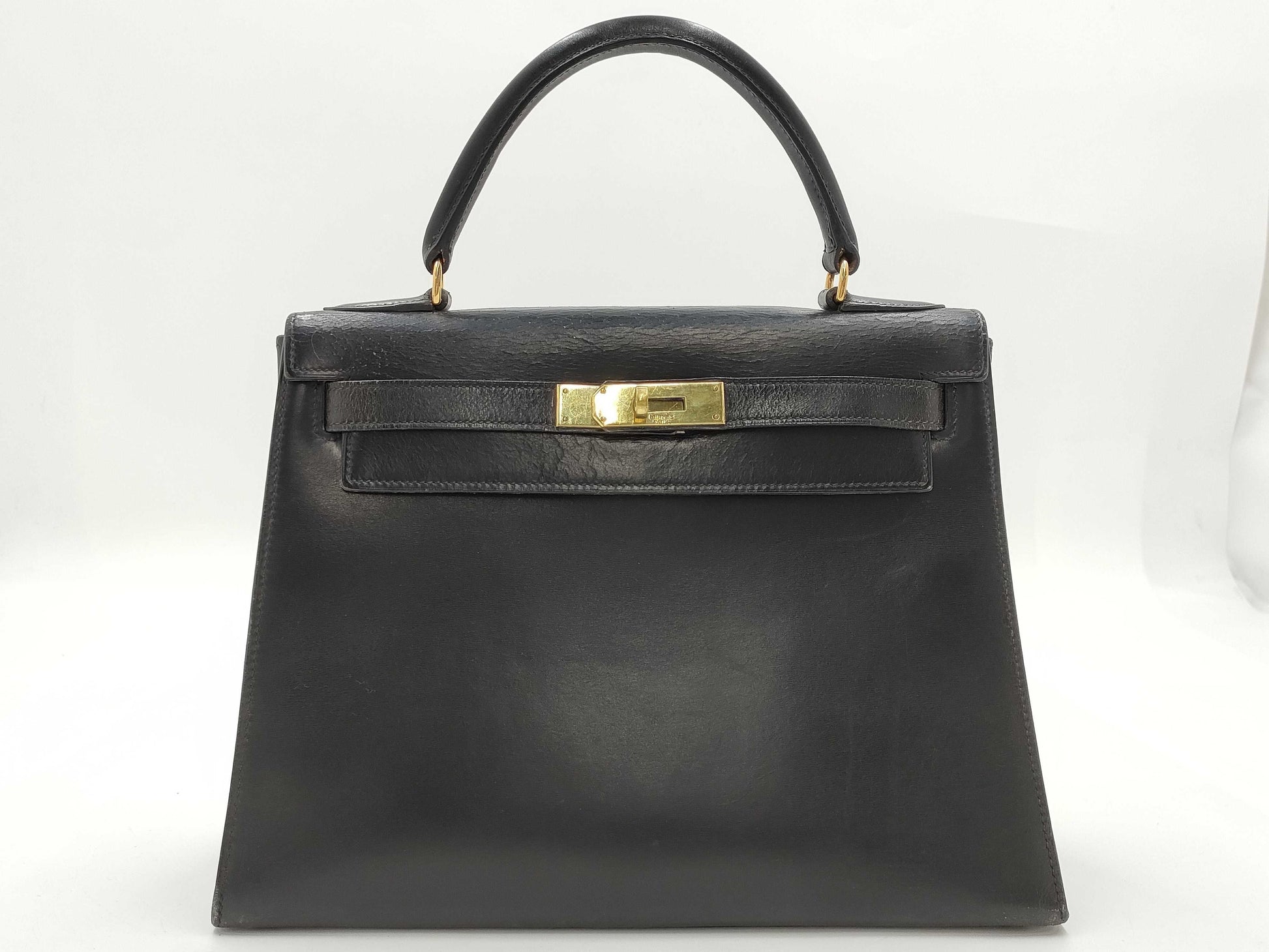 HERMES Kelly 28 Box Calf Black Handbag
