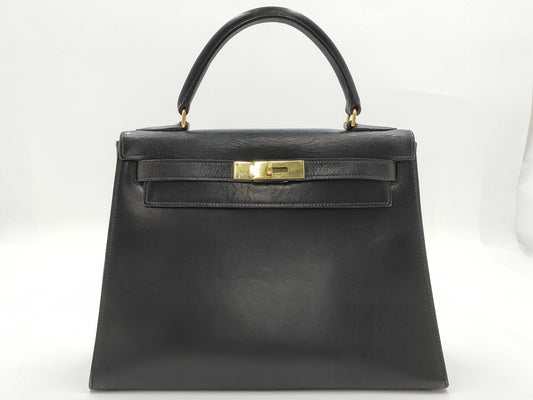 HERMES Kelly 28 Box Calf Black Handbag