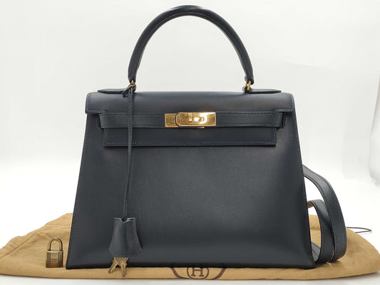 HERMES Kelly 28 Box Calfskin Navy with ST Cadena Crochet, Medium Handbag