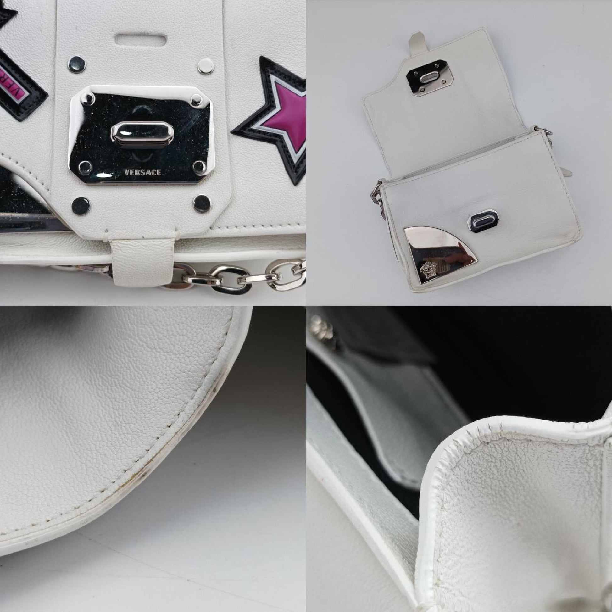 VERSACE Star Print White Leather CLG 938 470 397 187 Shoulder Bag