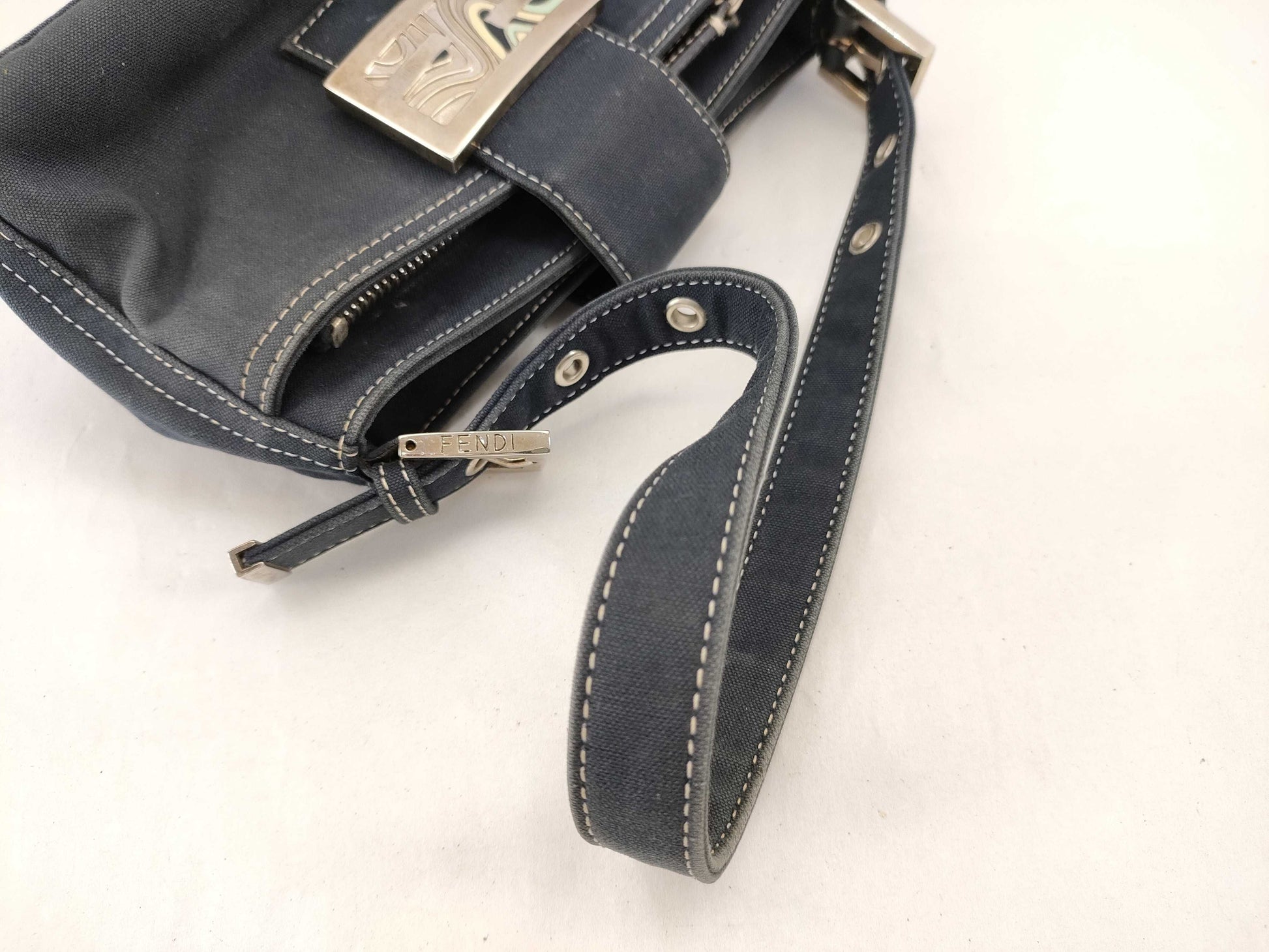 FENDI Mamma FENDI Canvas Baguette Blue Shoulder Bag