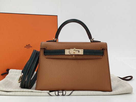 HERMES Mini Kelly Gold/Vert Chypre Epson U-stamped Handbag