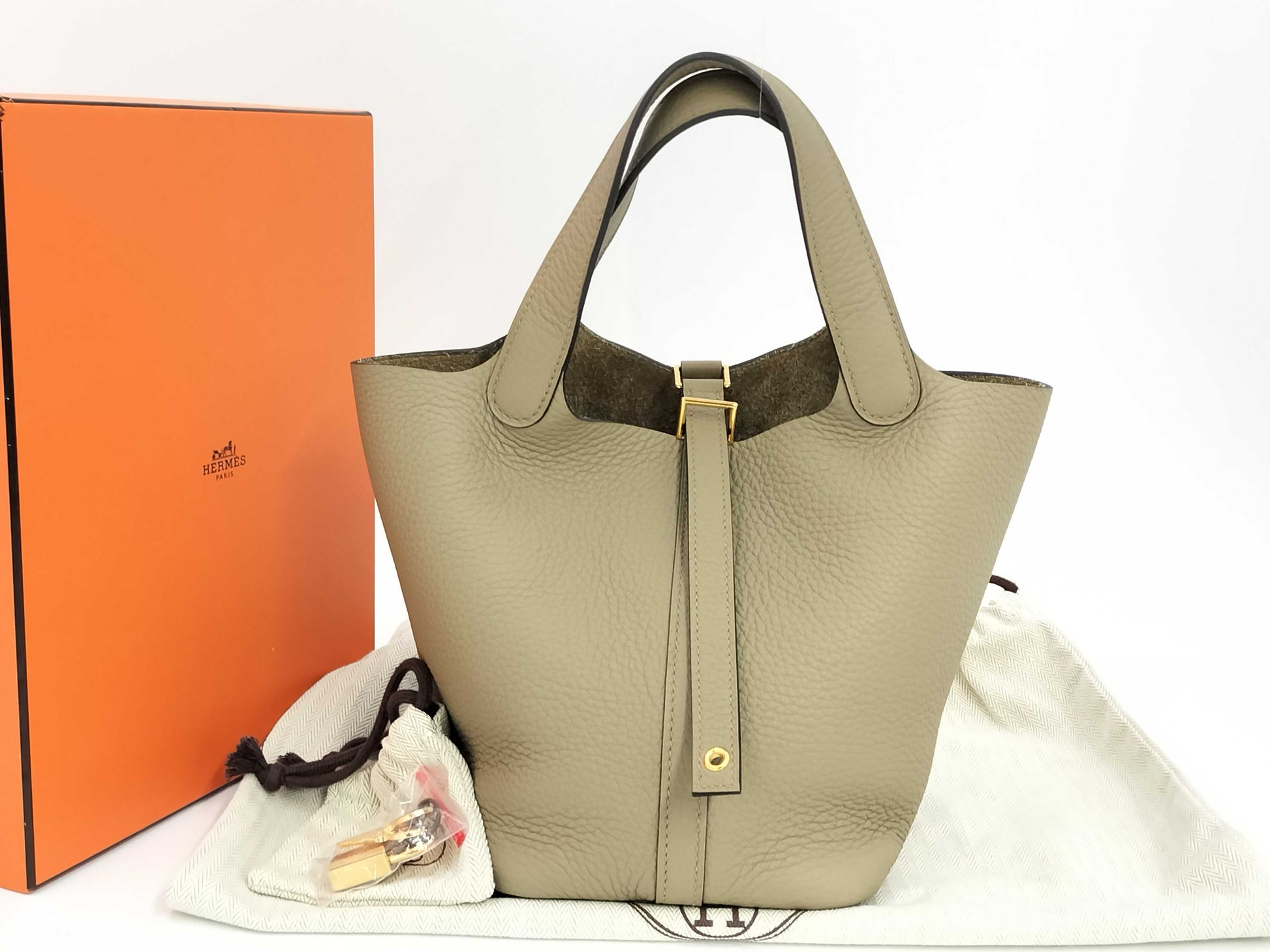 HERMES Picotin Lock PM Unused Beige Marfa Taurillon Handbag with Double Stamp