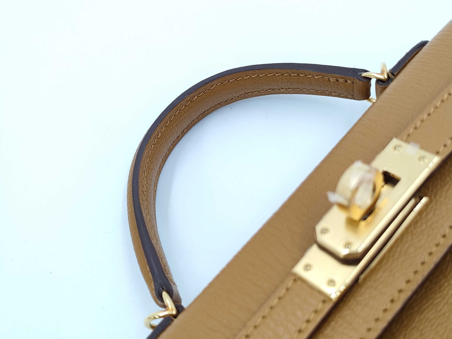 HERMES Brand New, Unused Hermès Mini Kelly 2 Verso Chevre Mysore Shoulder Bag with Gold Hardware, Size 28, Camel/4H Cocoa, Double Stamp