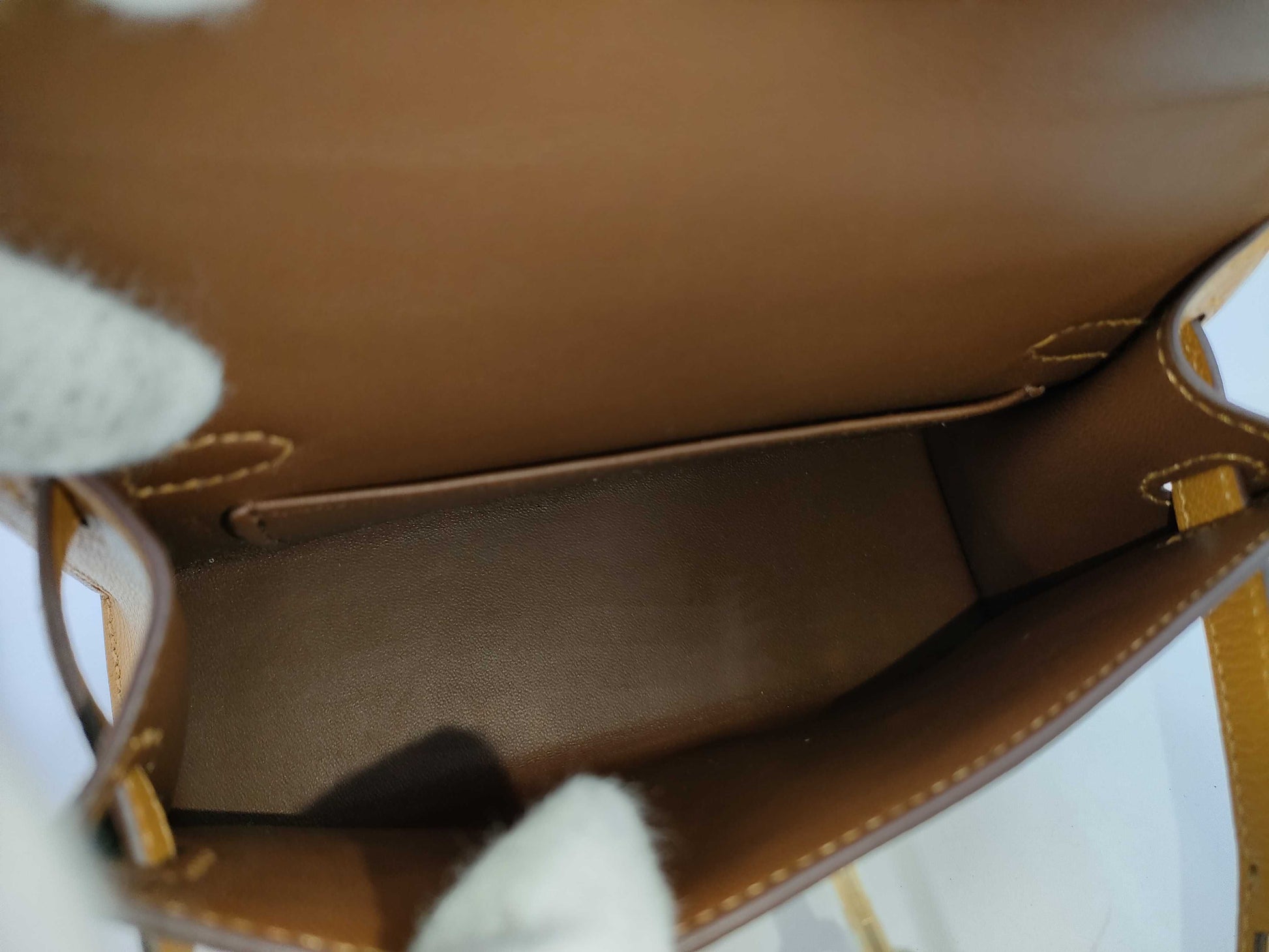 HERMES Brand New, Unused Hermès Mini Kelly 2 Verso Chevre Mysore Shoulder Bag with Gold Hardware, Size 28, Camel/4H Cocoa, Double Stamp