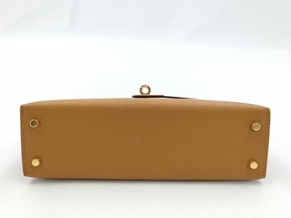 HERMES Brand New, Unused Hermès Mini Kelly 2 Verso Chevre Mysore Shoulder Bag with Gold Hardware, Size 28, Camel/4H Cocoa, Double Stamp