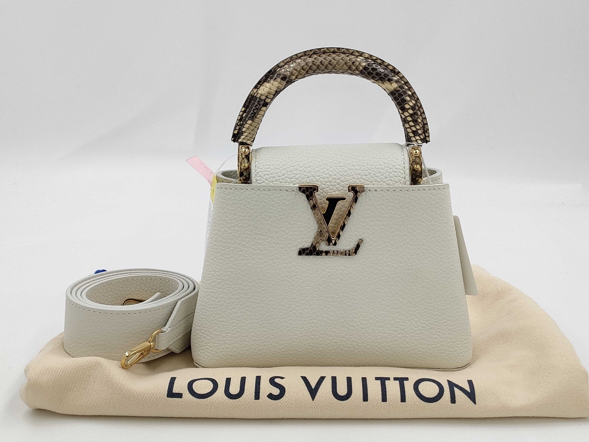 LOUIS VUITTON Louis Vuitton Logo Capucines Mini White Python RFID Handbag