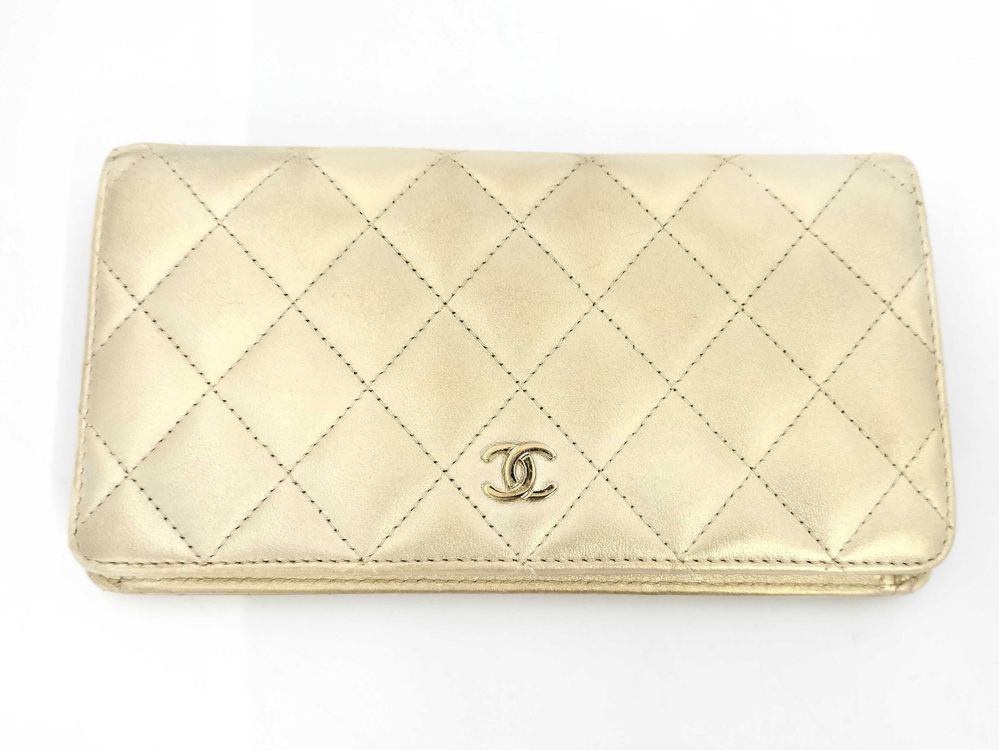 CHANEL Matelasse Lambskin Gold Long Wallet with Seal