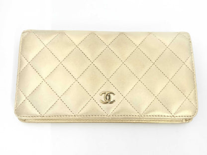 CHANEL Matelasse Lambskin Gold Long Wallet with Seal