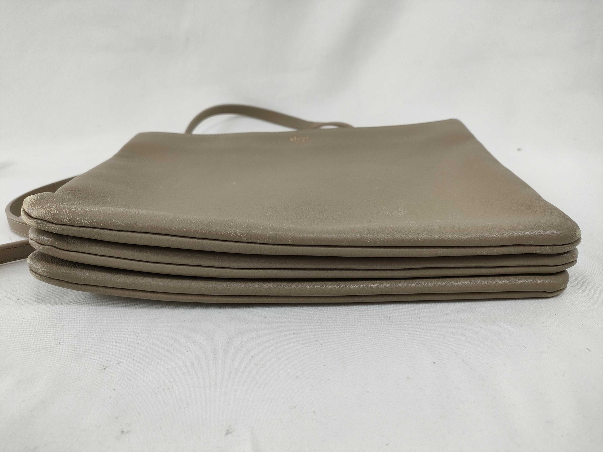 CELINE Trio Leather Shoulder Bag, Beige