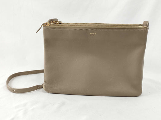 CELINE Trio Leather Shoulder Bag, Beige