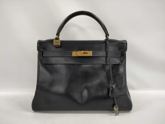 HERMES Kelly 32 Inner-stitched Box Calf Handbag in Navy